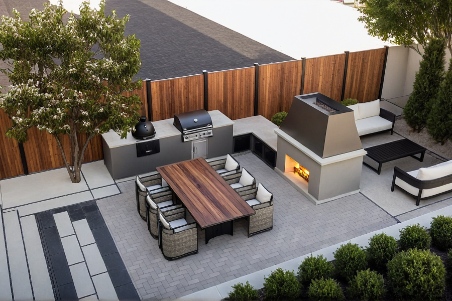 Patio Fireplace Outdoor Kitchen Hardscape Design - Landscaping